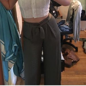 Satin olive high waisted wide leg pants